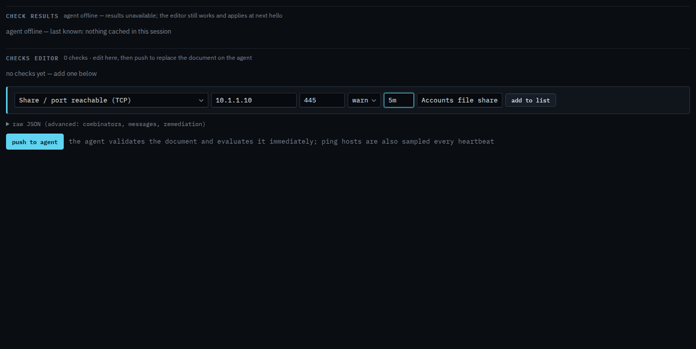Checks editor with a TCP check for 10.1.1.10 port 445