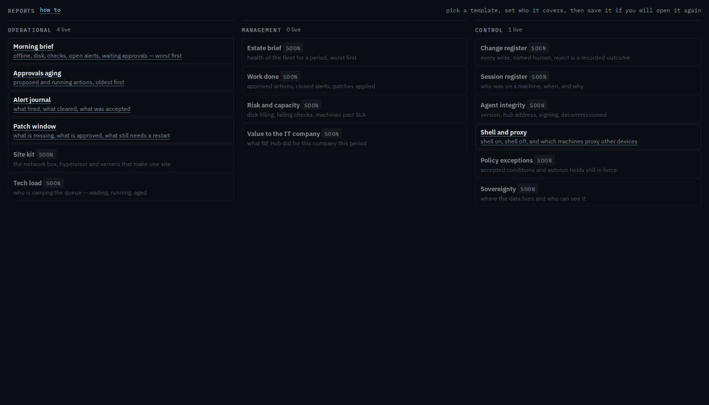 Reports menu with the Shell and proxy card under Control