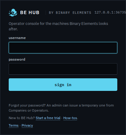 BE Hub sign-in form with username, password and a sign in button