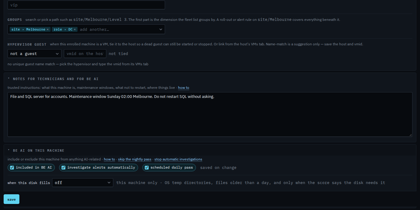 BE AI panel with included, investigate alerts automatically, and the daily pass all ticked