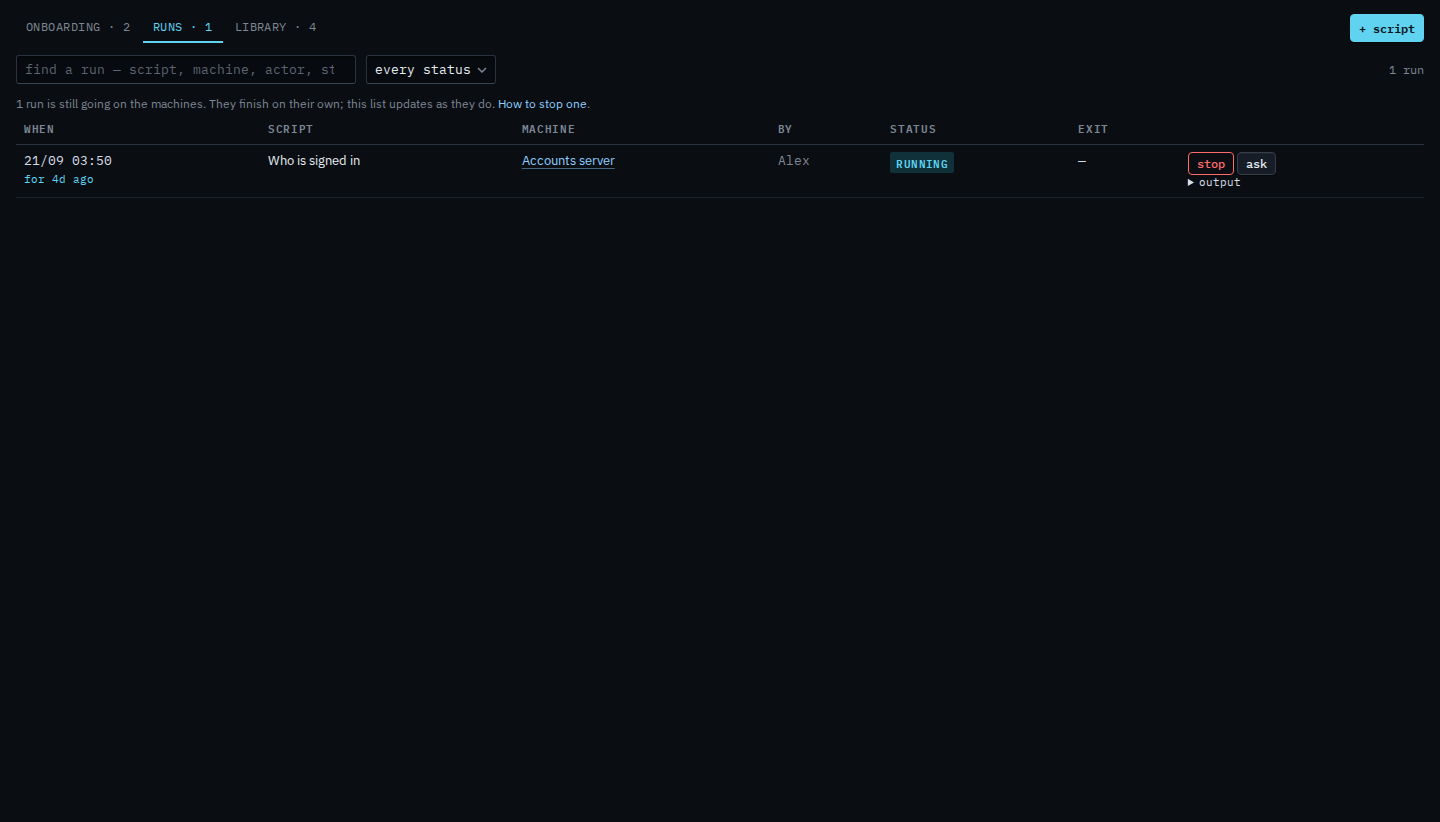 Scripts runs tab with Who is signed in still running and a stop button