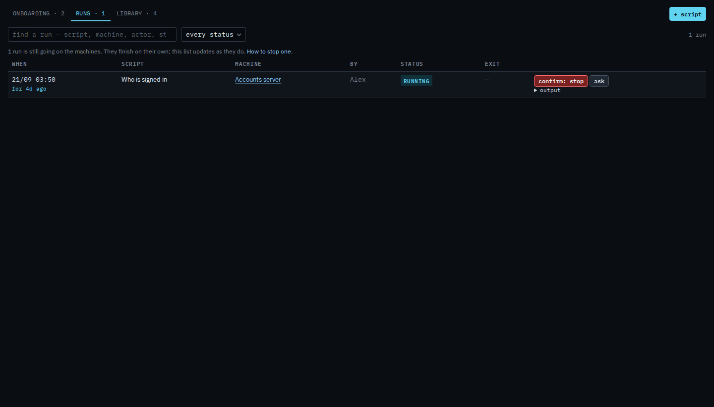 Scripts runs tab with the stop button armed, asking to confirm