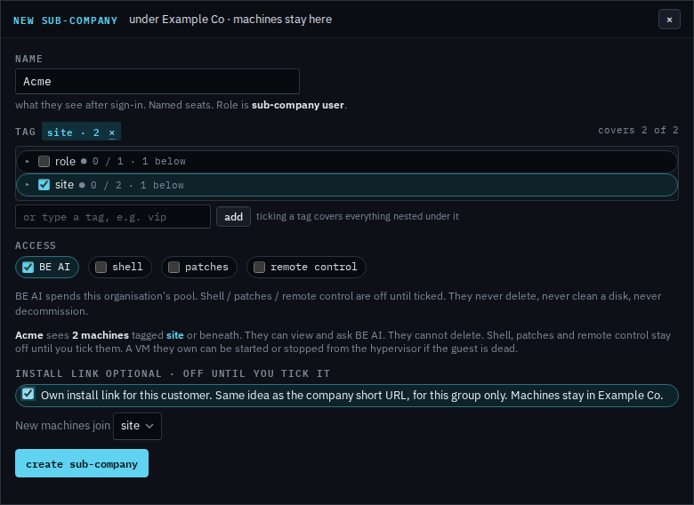 New sub-company dialog for Acme with the site group and own install link ticked