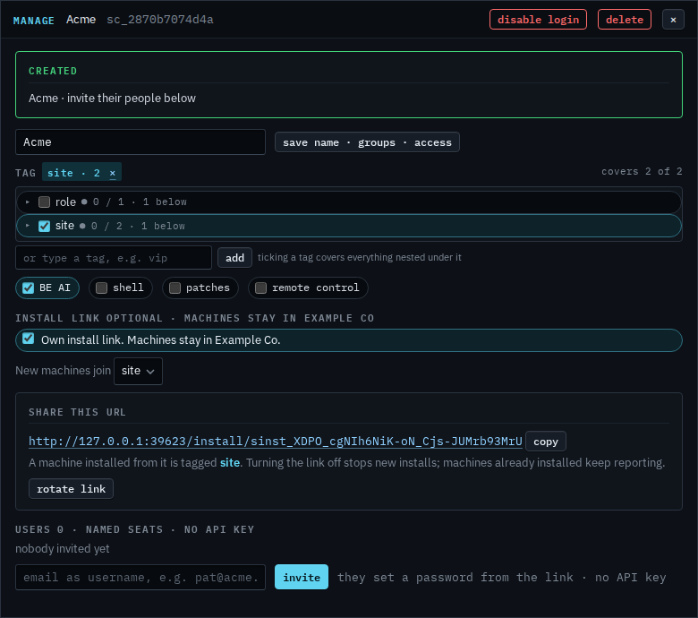 Manage dialog for Acme with a shareable install URL and a rotate link button