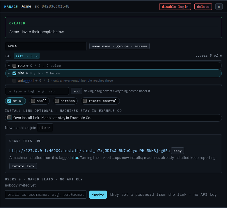 Manage Acme dialog with own install link unticked and the share URL still visible