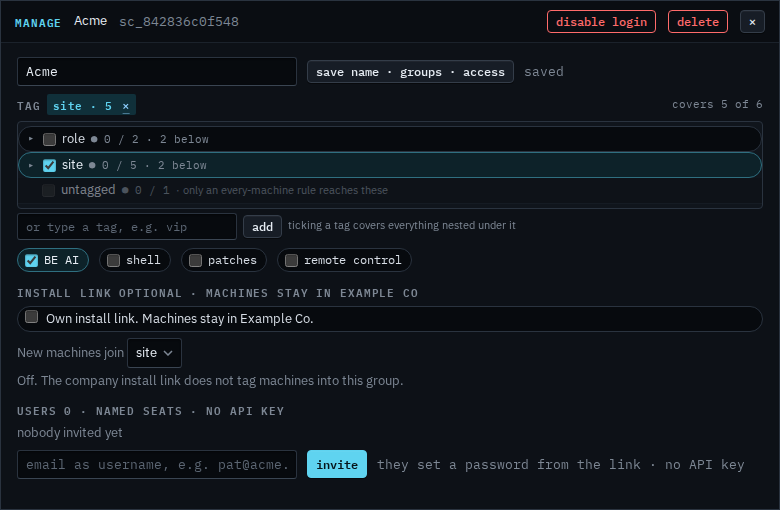 Manage Acme dialog after save, with the install link off