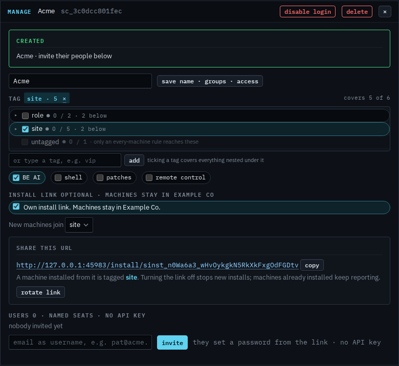 Manage dialog for Acme with a shareable install URL and rotate link