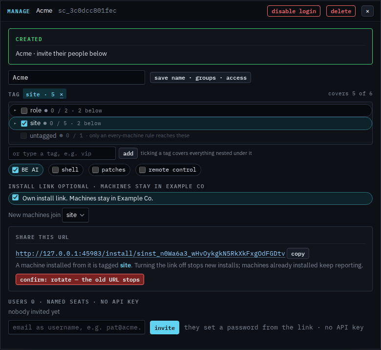Manage dialog with rotate link armed as confirm: rotate — the old URL stops