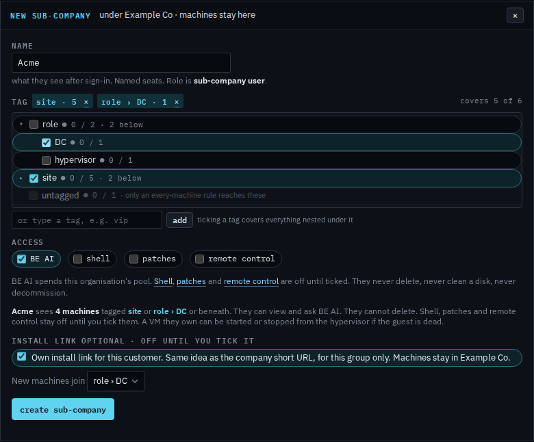 New sub-company dialog with the install menu set to role DC