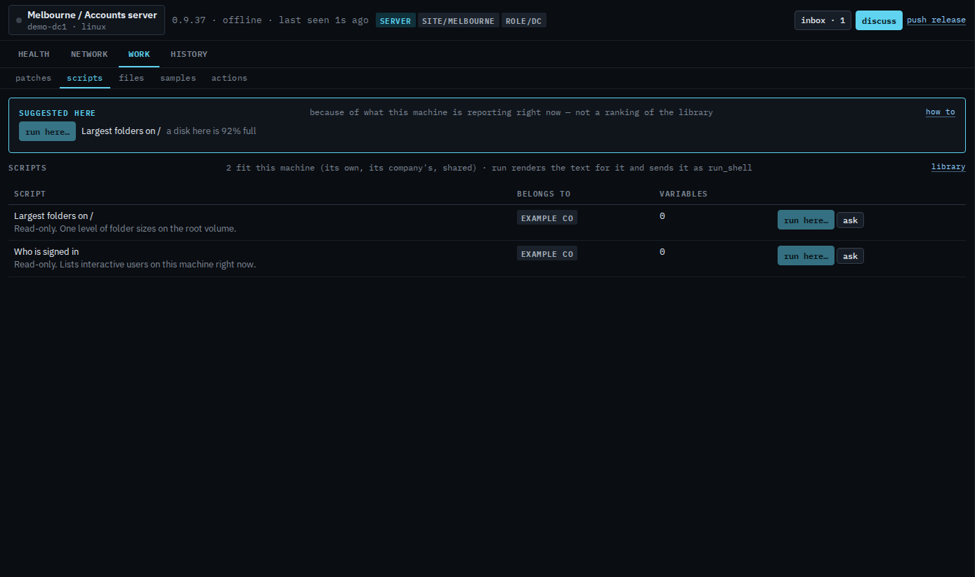 Machine scripts tab suggesting Largest folders on / because the disk is 92 percent full