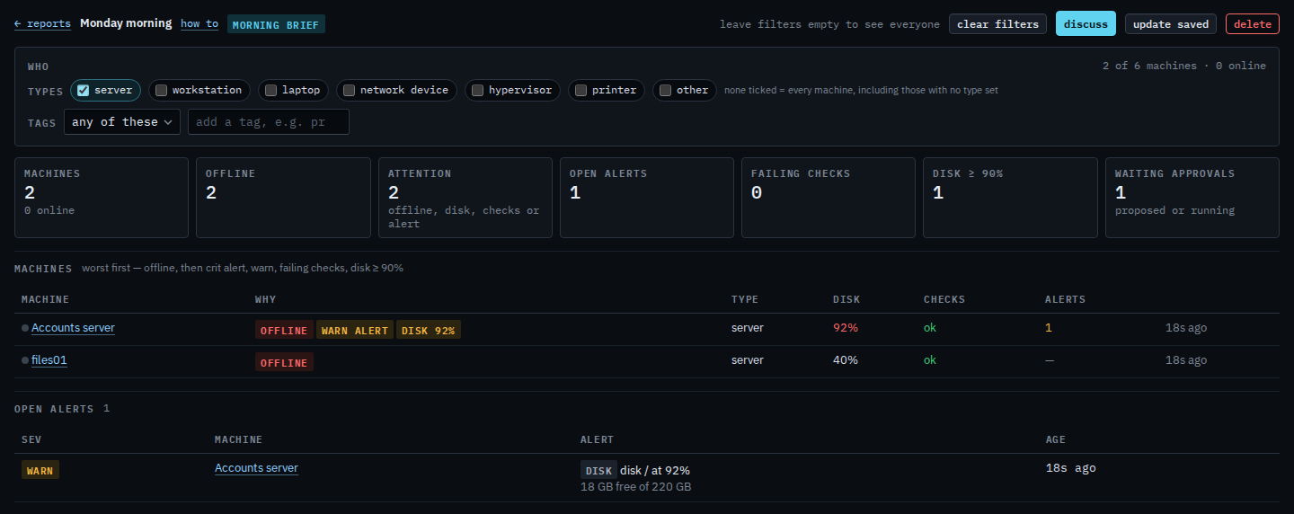 Saved morning brief named Monday morning, filtered to servers, with update saved on the bar