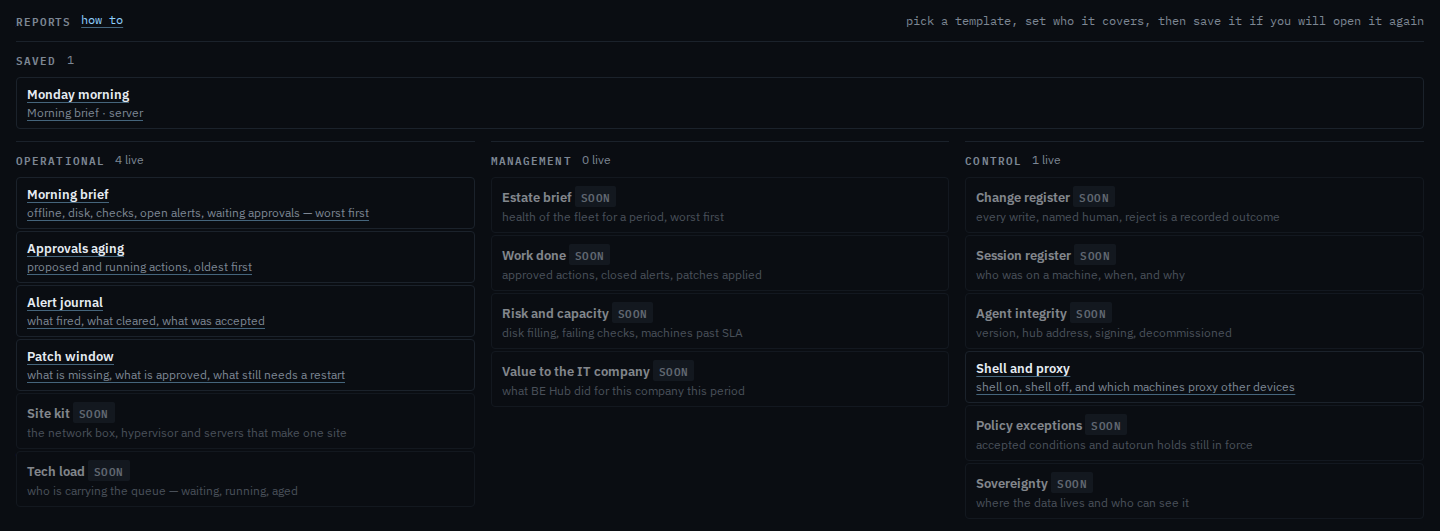 Reports menu with a saved report named Monday morning, subtitled Morning brief and server