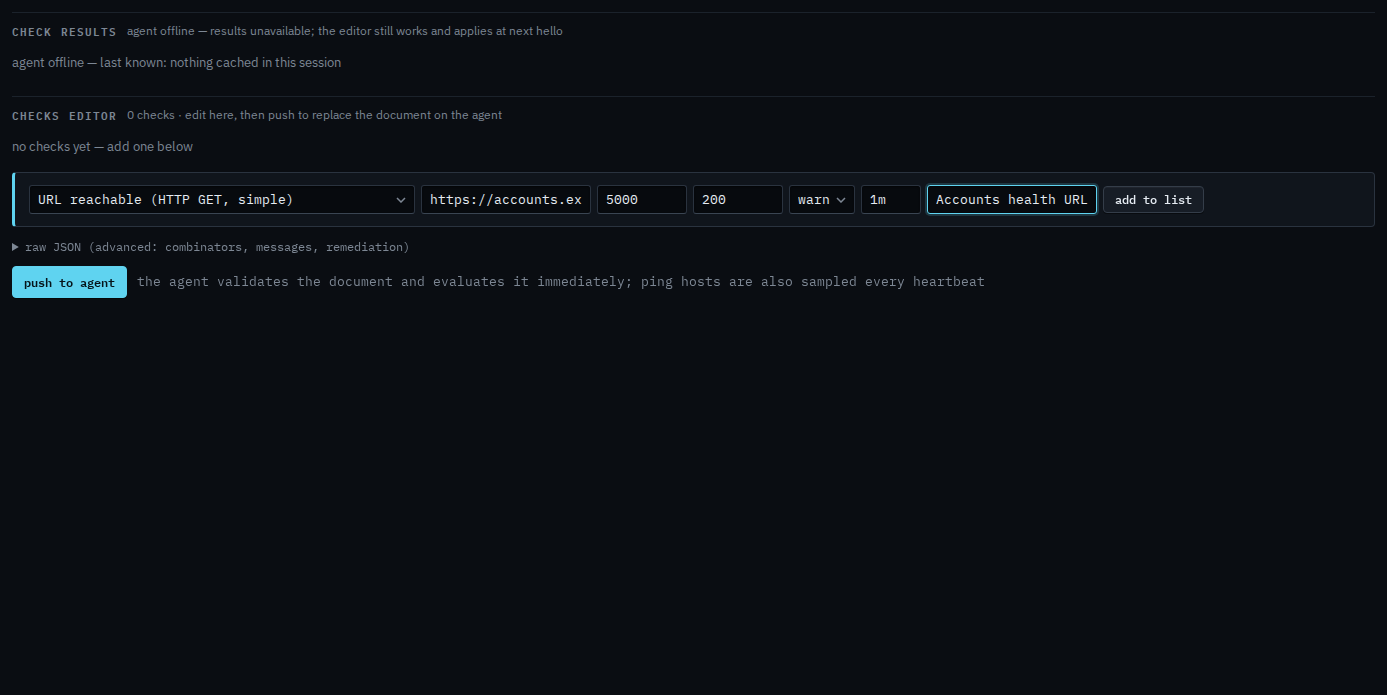 Checks editor with a simple URL check for the accounts health page