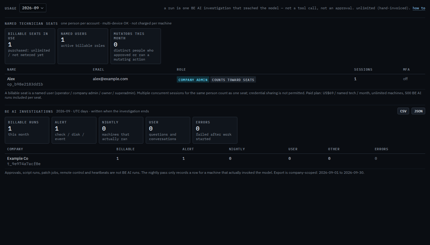 Usage page with one billable seat and one BE AI alert investigation