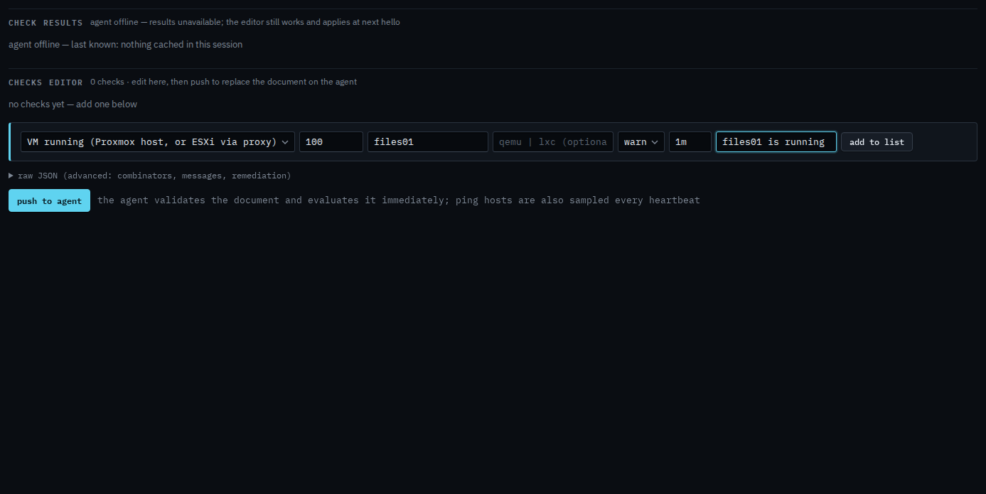 Checks editor with a VM running check for files01, VMID 100