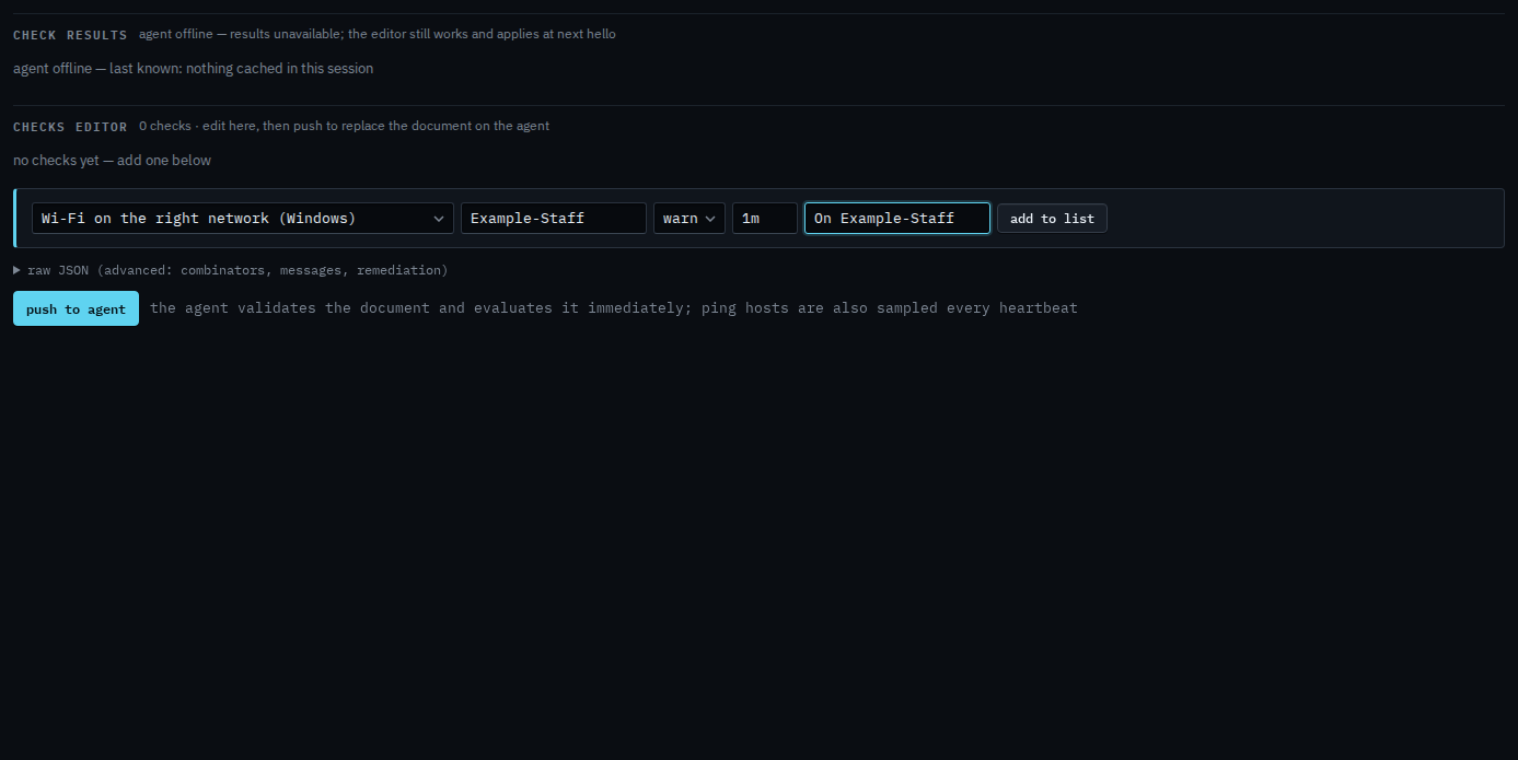 Checks editor with a Wi-Fi SSID check for Example-Staff