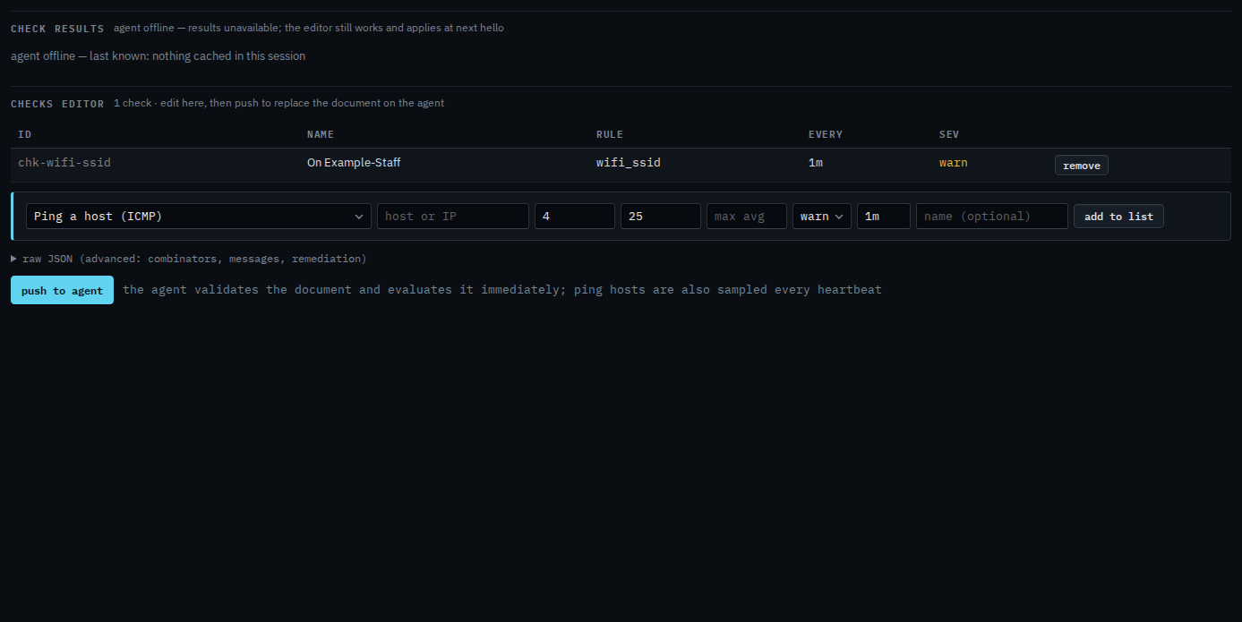 Checks list with a Wi-Fi SSID check named On Example-Staff, not yet pushed