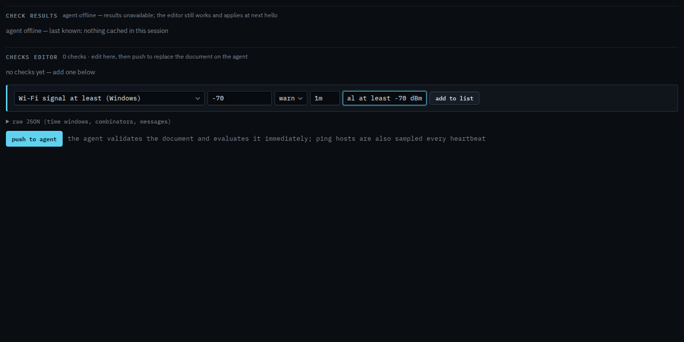 Checks editor with a Wi-Fi signal check set to minus 70 dBm