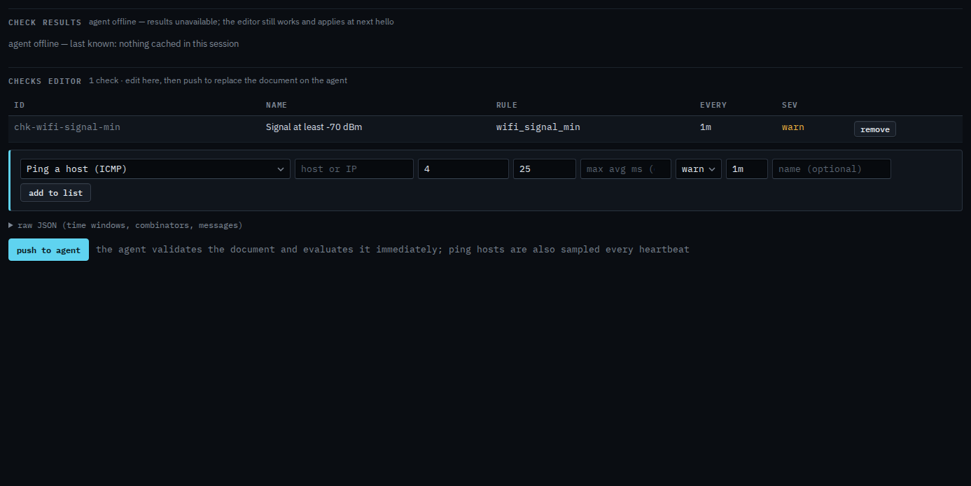 Checks list with a Wi-Fi signal check named Signal at least -70 dBm, not yet pushed