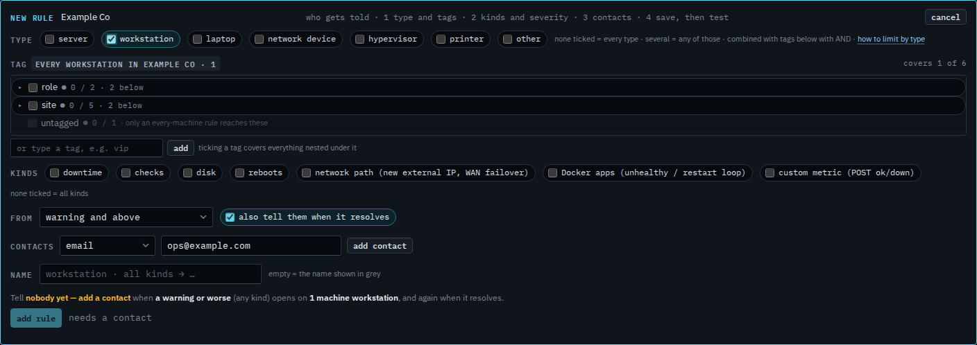 New alert rule with the workstation type ticked and an email address in the contact field
