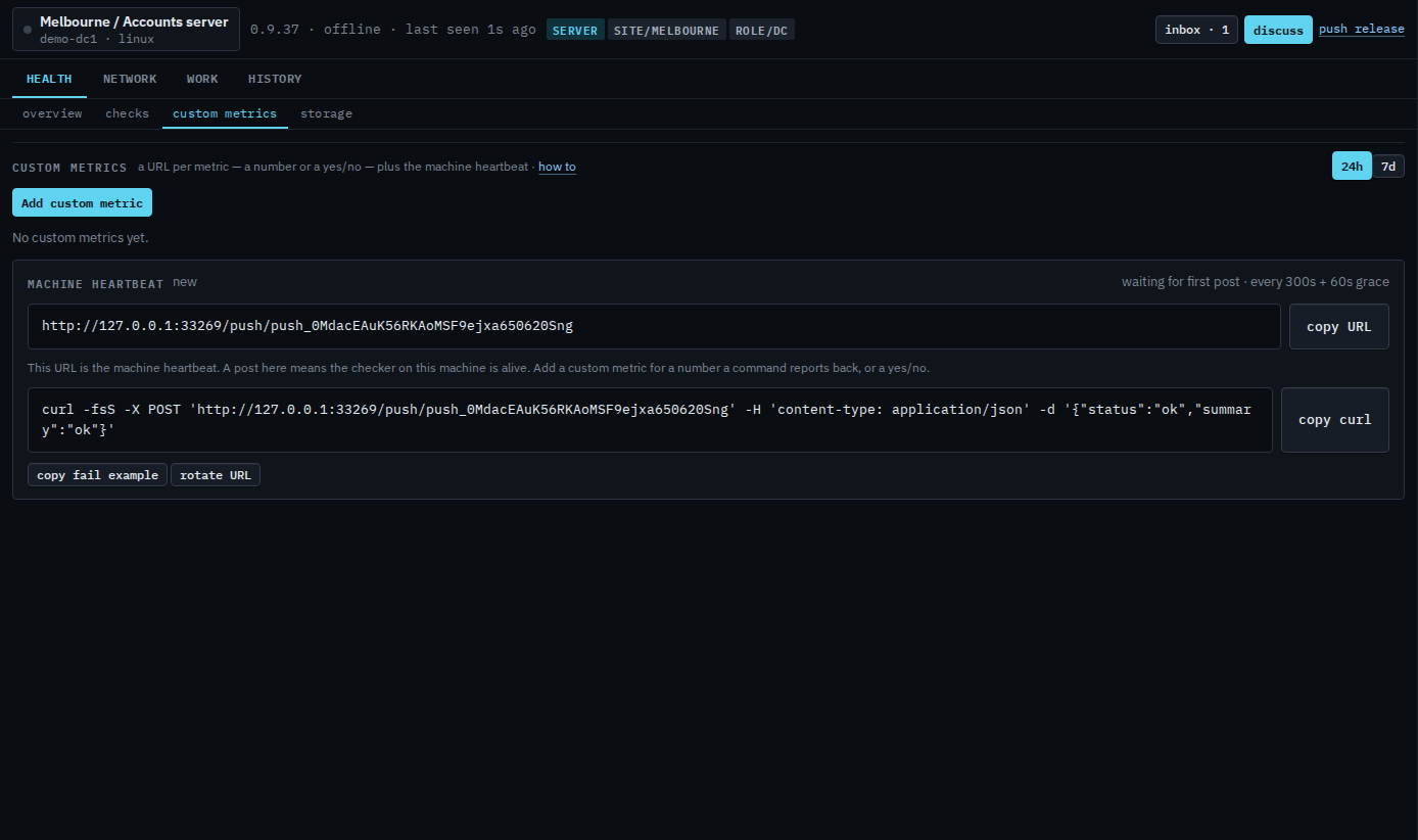 Custom metrics tab with the machine heartbeat URL and an Add custom metric button