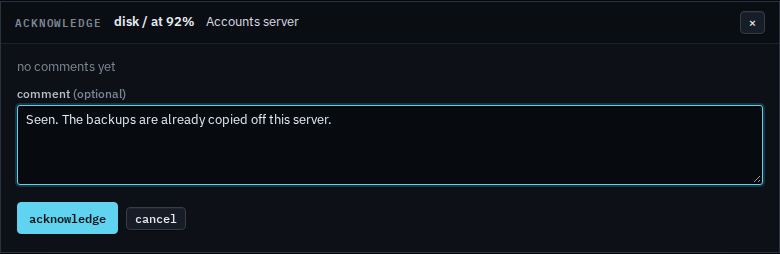 Acknowledge dialog for a sub-company user with an optional comment typed in