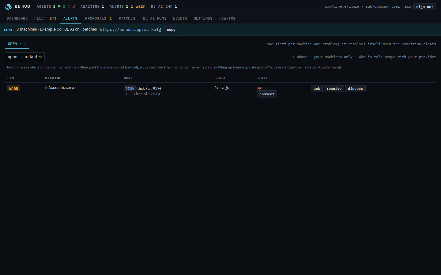 Alerts page for a sub-company user with one disk warning and ack, resolve, and discuss