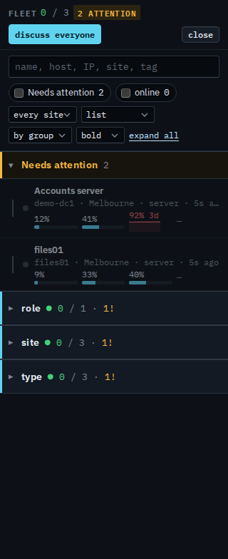 Fleet list for a sub-company user with Needs attention clear, showing Accounts server and files01 in that section