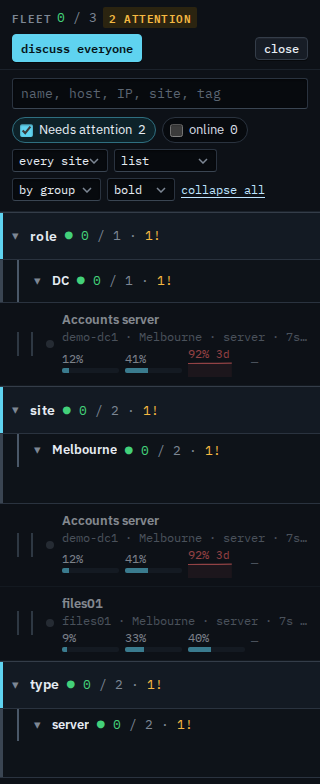 Fleet list for a sub-company user filtered to machines that need attention
