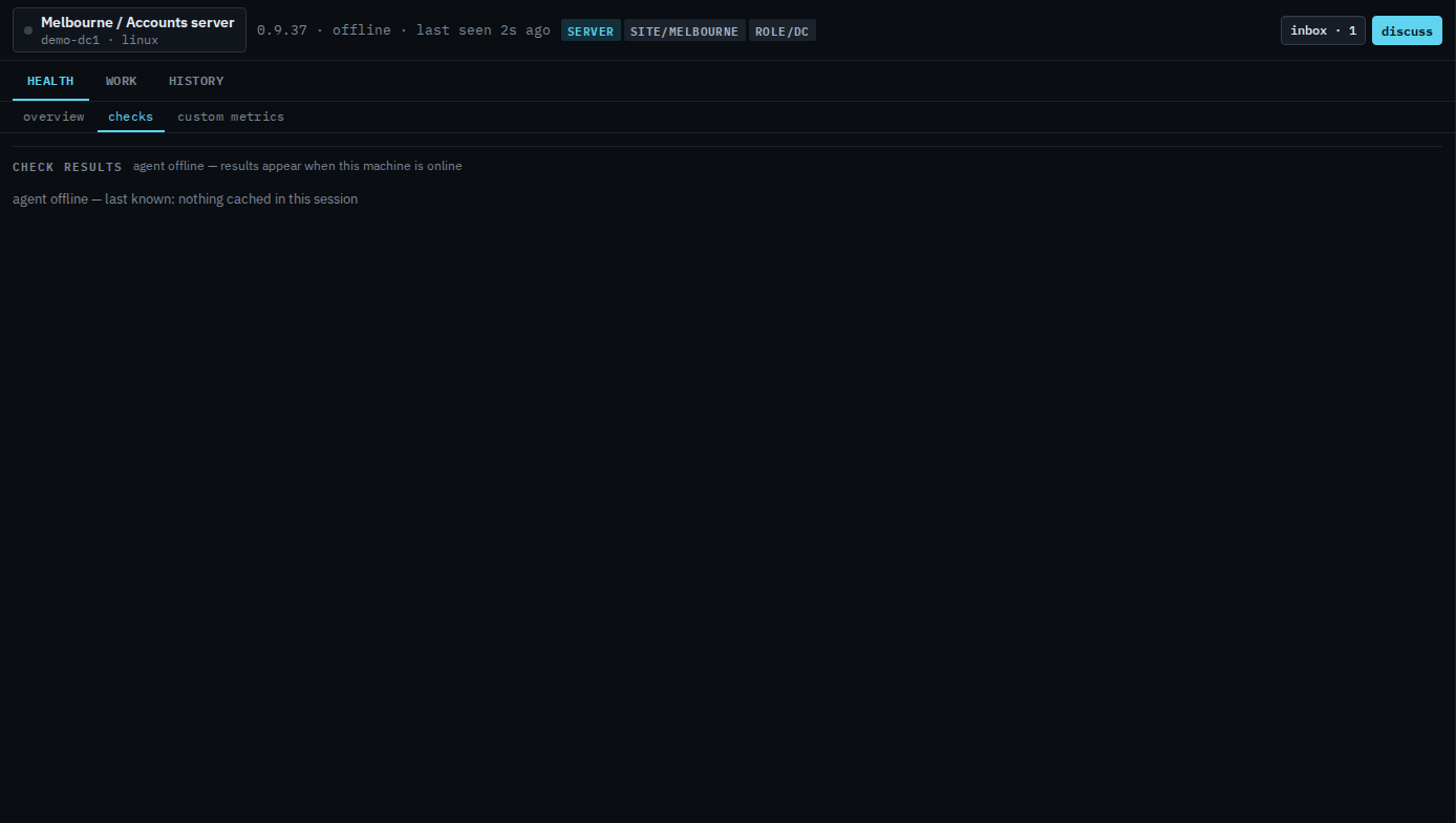 Checks tab for a sub-company user with the agent offline and no editor