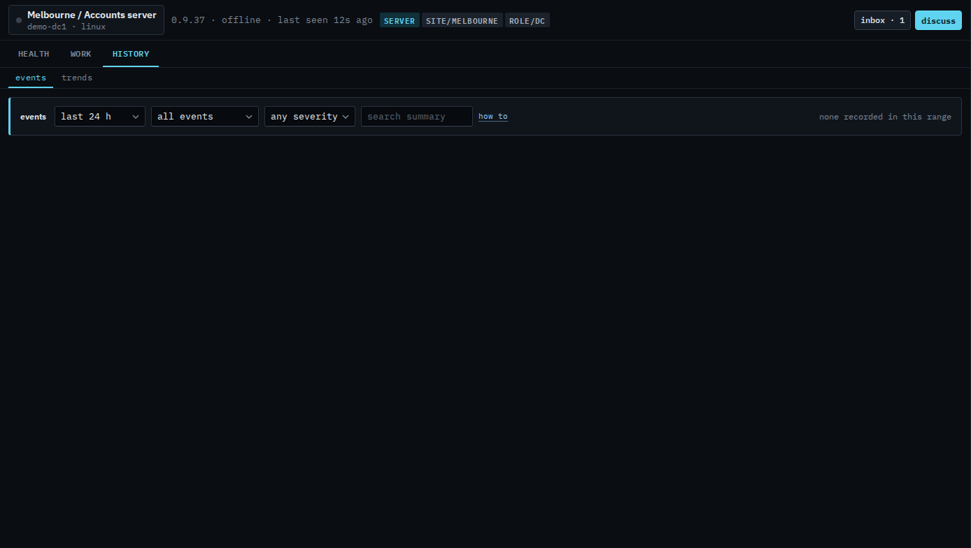 History events for a sub-company user set to the last 24 hours, with no lines in that range