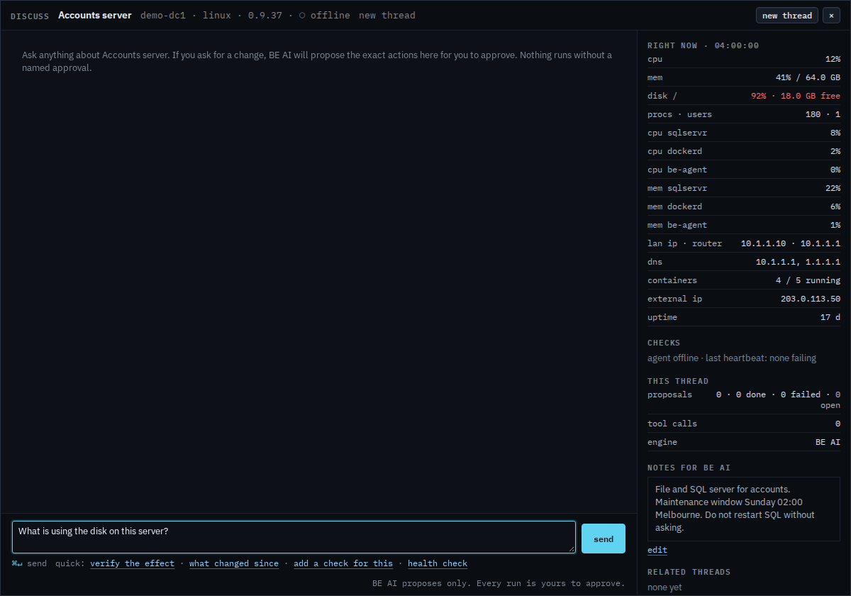 Discuss modal for a sub-company user with a typed question that has not been sent