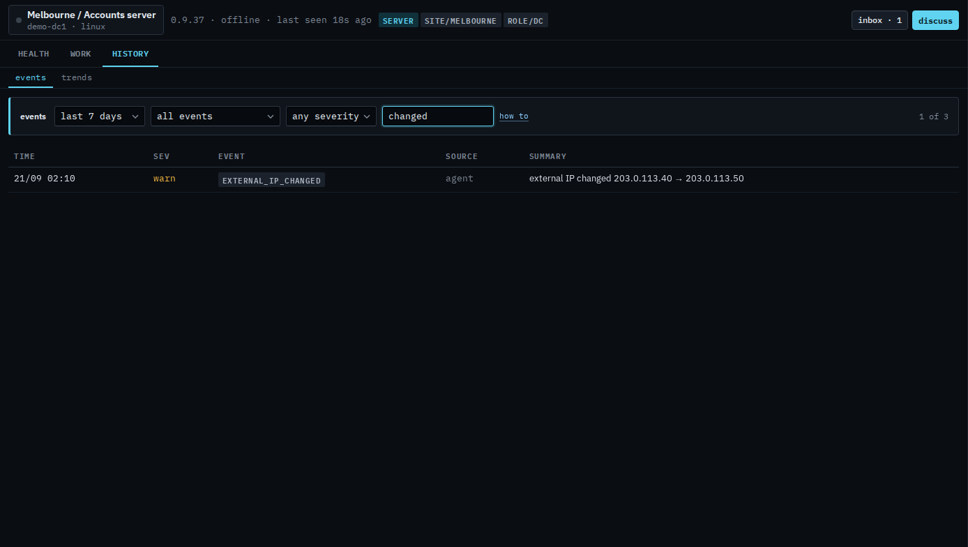 History events search for changed on a sub-company user's machine, showing only the address line