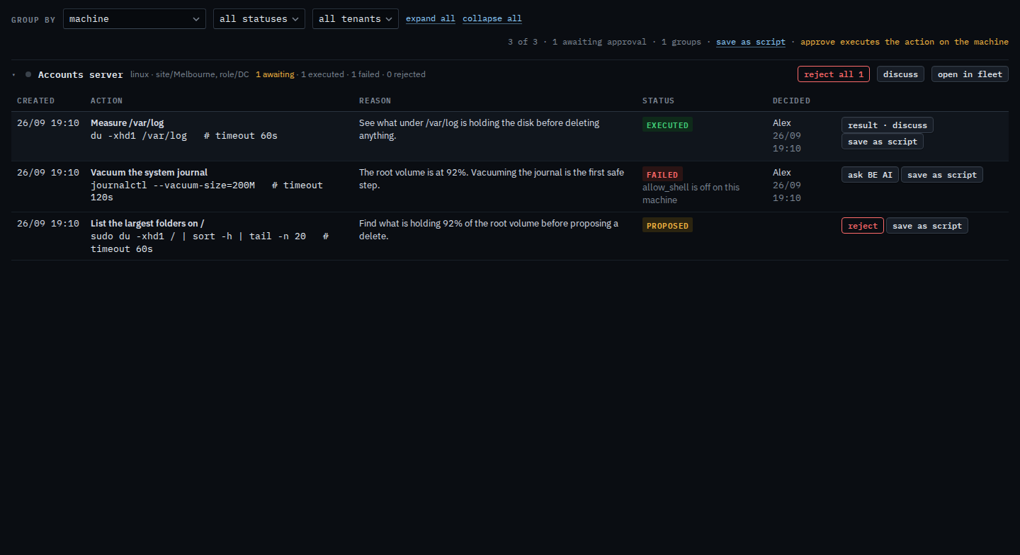 Proposals page for a sub-company user with waiting, failed, and executed rows