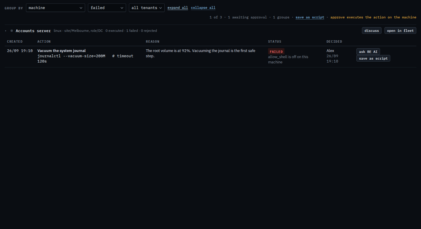 Proposals page for a sub-company user filtered to failed, showing the journal vacuum with no retry