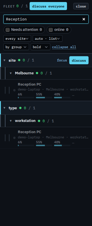 Fleet list for a sub-company user filtered to Reception PC