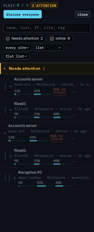 Fleet list for a sub-company user set to flat list, with three machines and no site headings