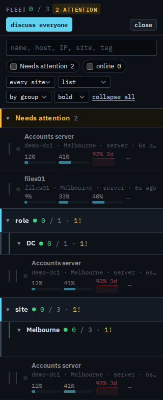 Fleet list for a sub-company user grouped by site, role, and type, with the groups expanded