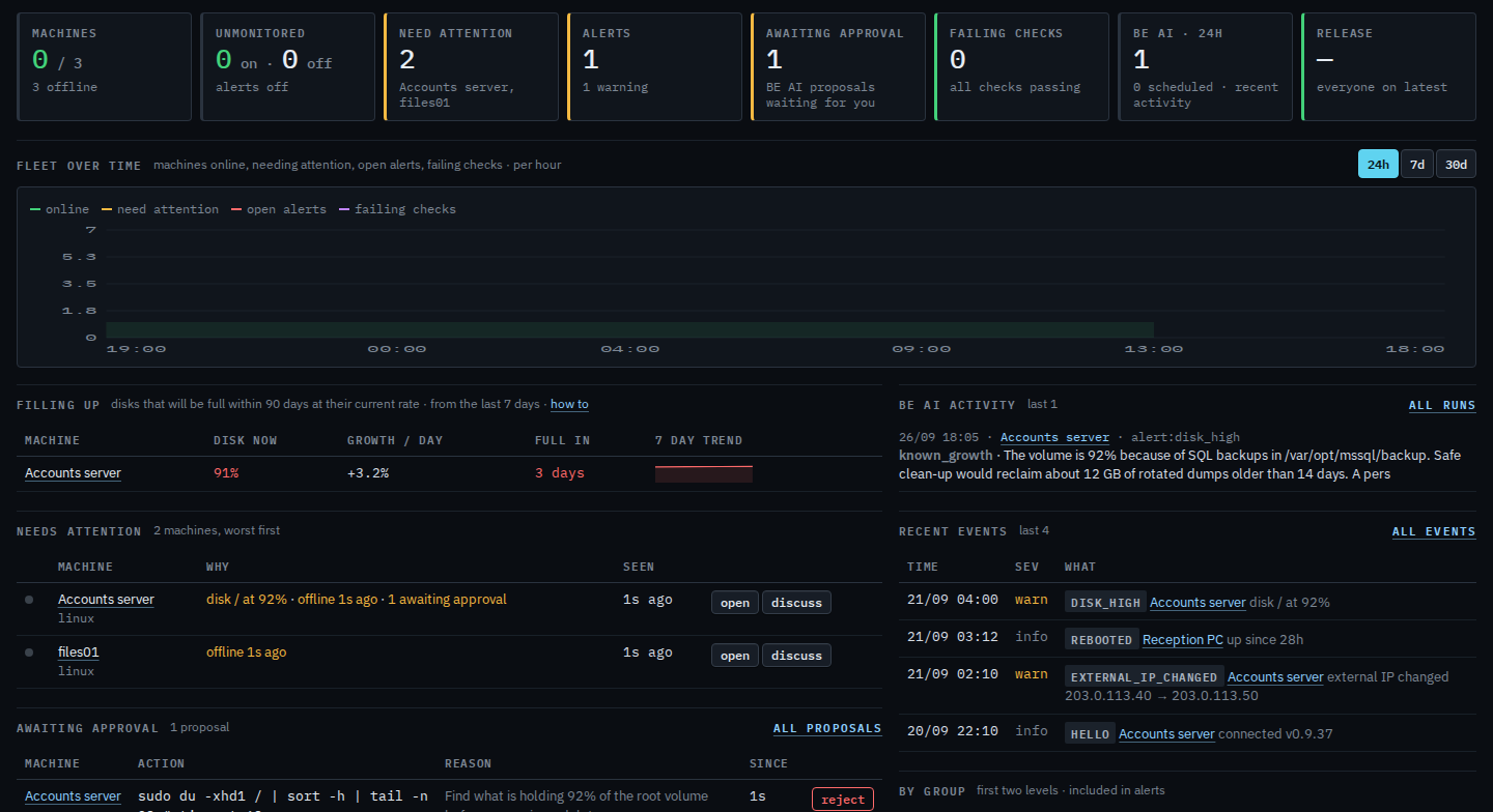 Dashboard for a sub-company user with three machines and one disk warning