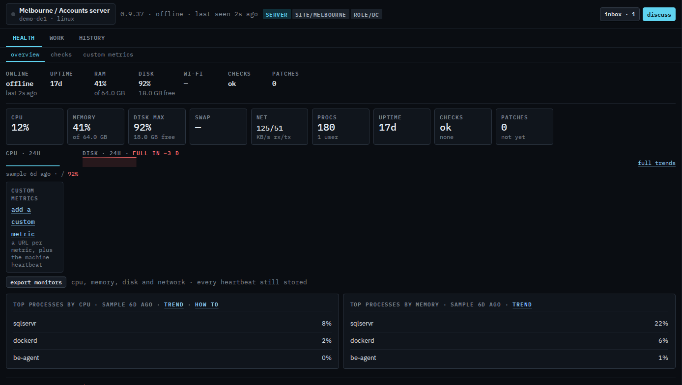 Accounts server overview for a sub-company user with health, work, and history