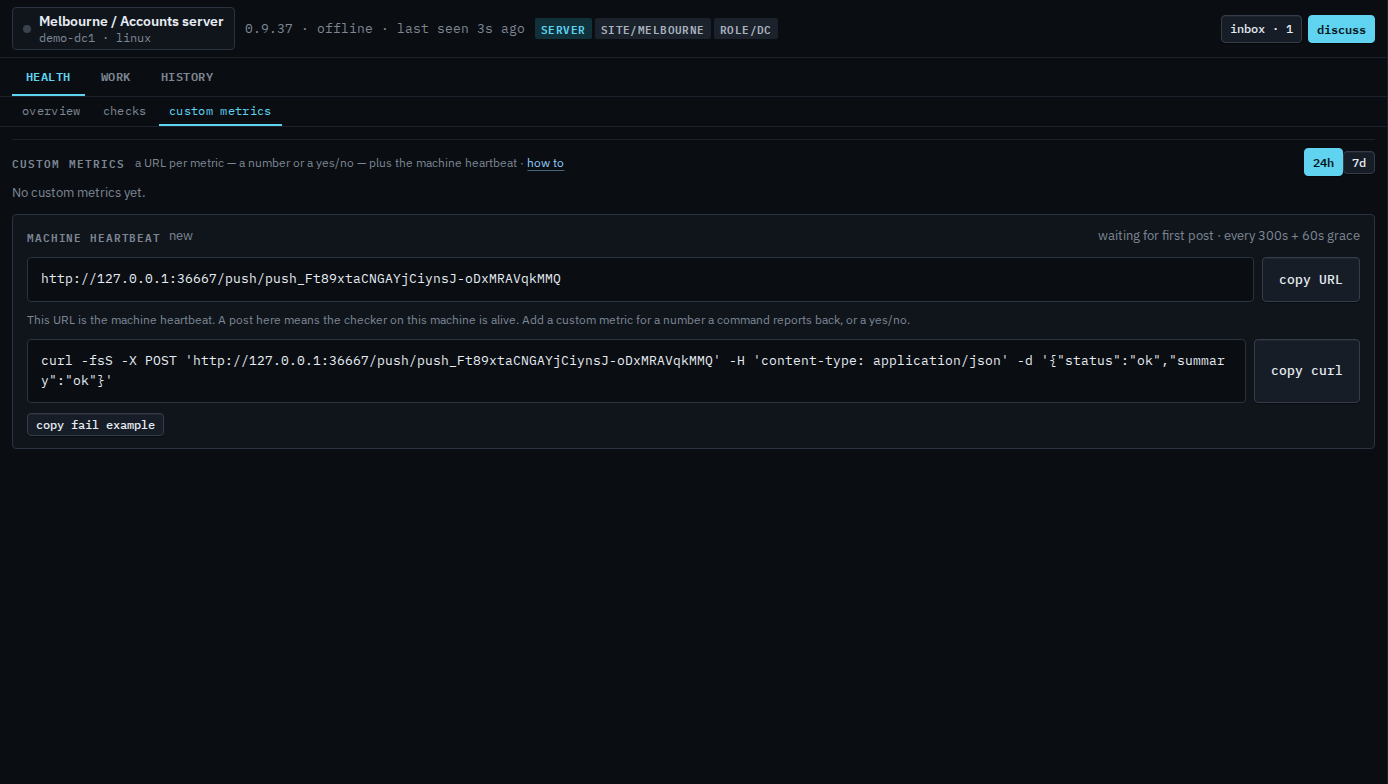 Custom metrics tab for a sub-company user showing the heartbeat URL and no add button