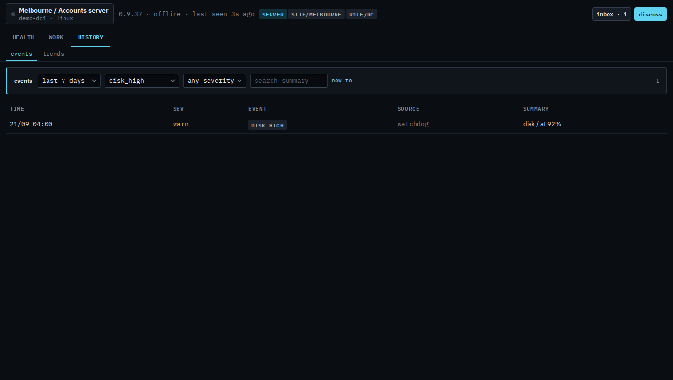 History events on Accounts server filtered to disk_high for a sub-company user