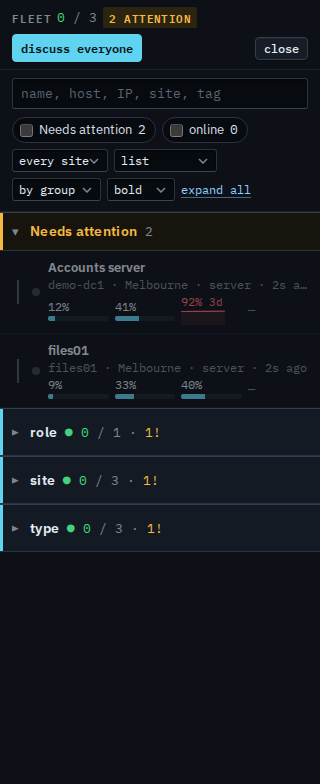 Fleet list for a sub-company user with the online tick clear, showing Accounts server and files01