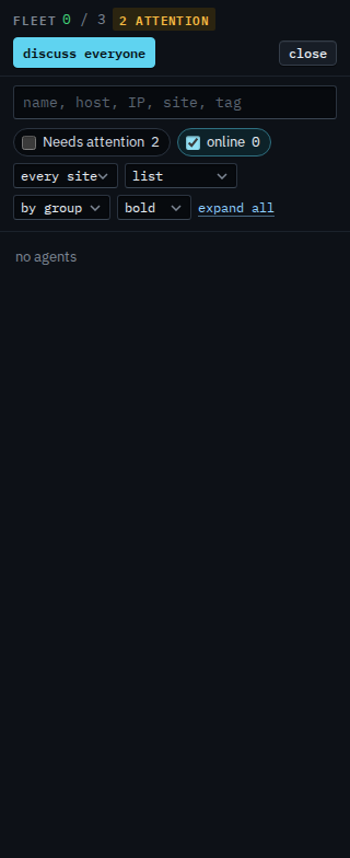 Fleet list for a sub-company user with the online tick on and no machines left