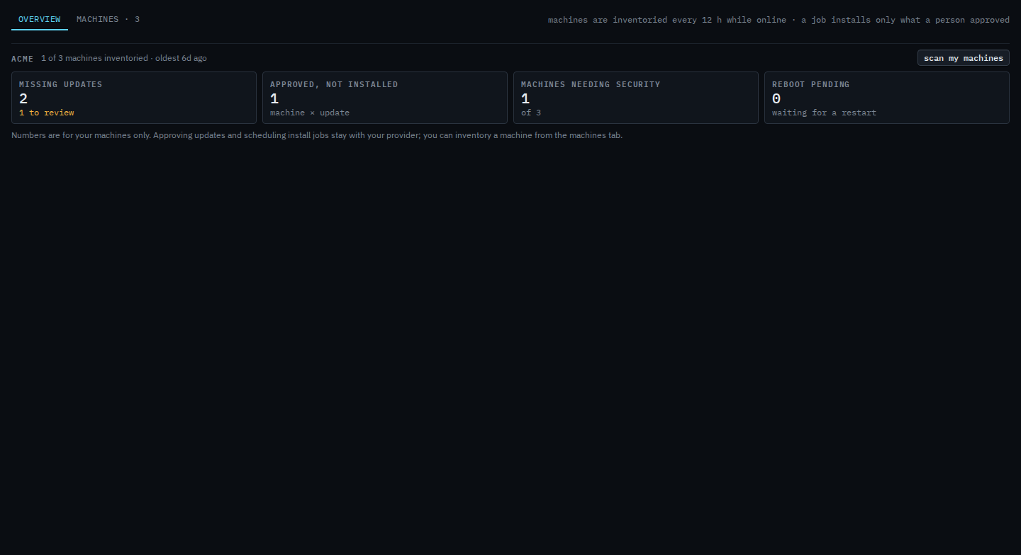 Patches overview headed Acme with a scan my machines button