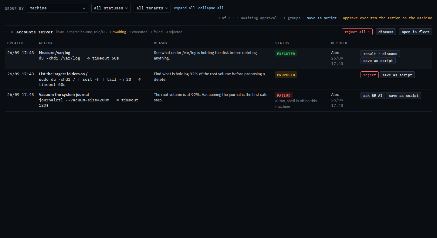 Proposals page for a sub-company user with reject and no approve button