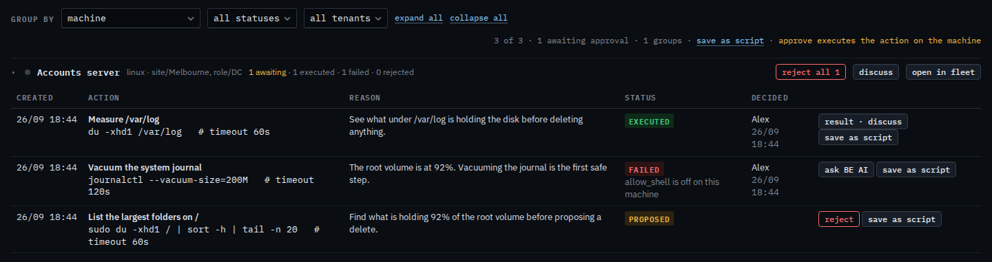 Proposals page for a sub-company user with reject all 1 and no approve button