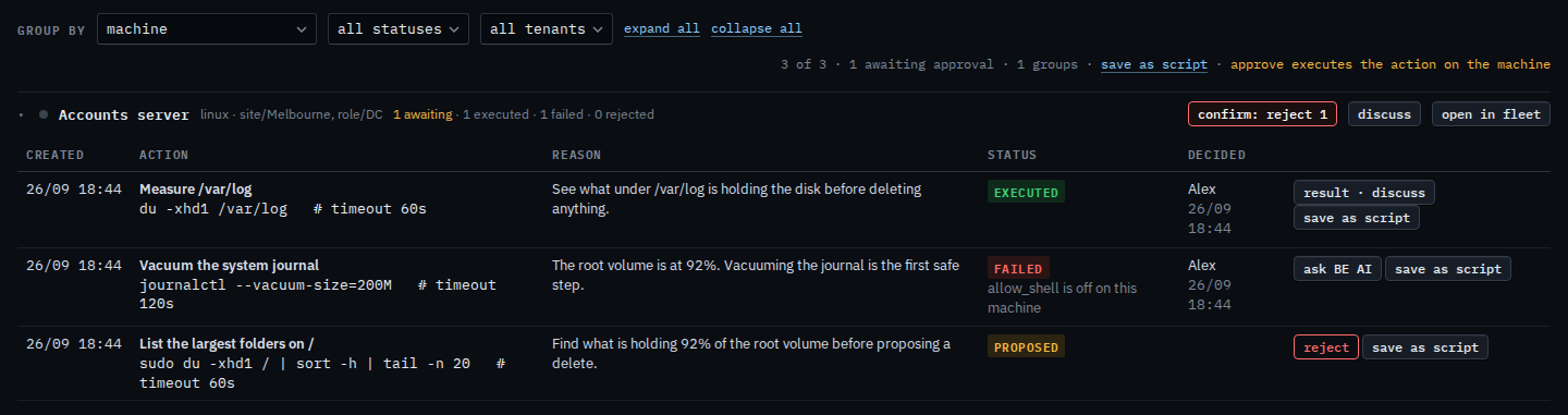 Proposals page for a sub-company user with reject all armed, asking to confirm