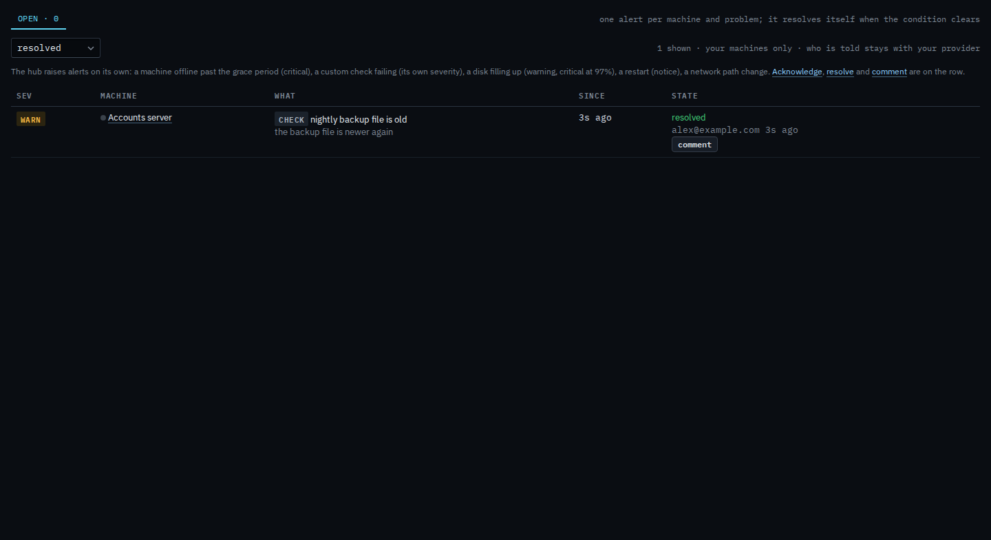 Alerts page for a sub-company user filtered to resolved, showing the nightly backup check