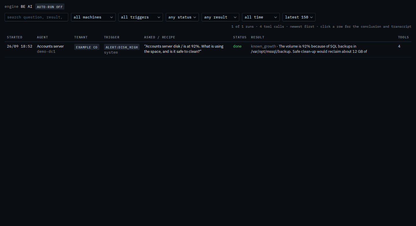 BE AI runs for a sub-company user with an empty search box and one disk investigation